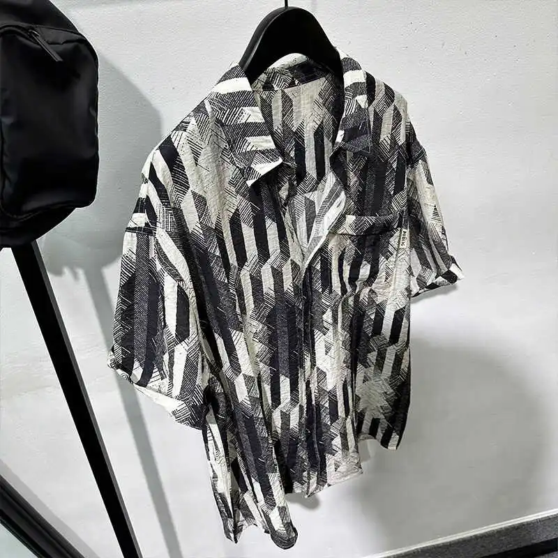 Summer Pu Shuai Vintage Printed Ice-Friendly Linen Short-Sleeved Shirt Light Luxury Loose Thin
