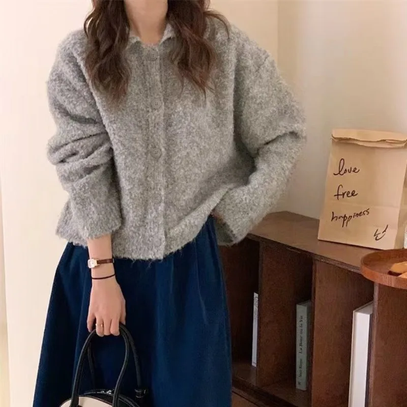 Knitted Cardigan Women Solid Fluffy Autumn Winter Tops Loose Gentle Turn-down Collar All-match Sweet Daily Female Korean Style