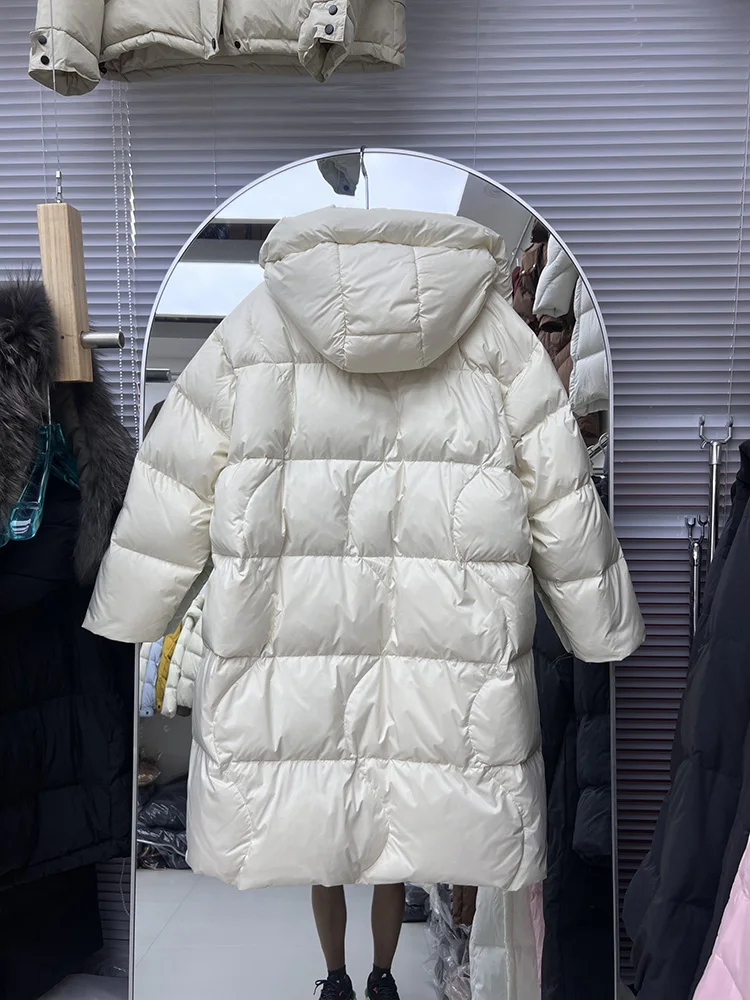 Winter New Medium to Long Style Down Jacket Women's Fashion Thick Hooded Loose Casual Solid Color White Duck Down Coat