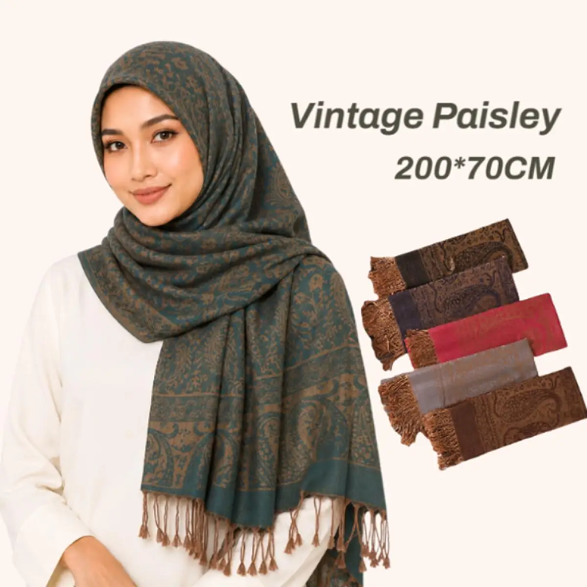 

Vintage Paisley Tudung Bawal Shawl Cotton Linen Fringe Tassel Long Scarf for Women Casual Raya Soft Boho Headscarf