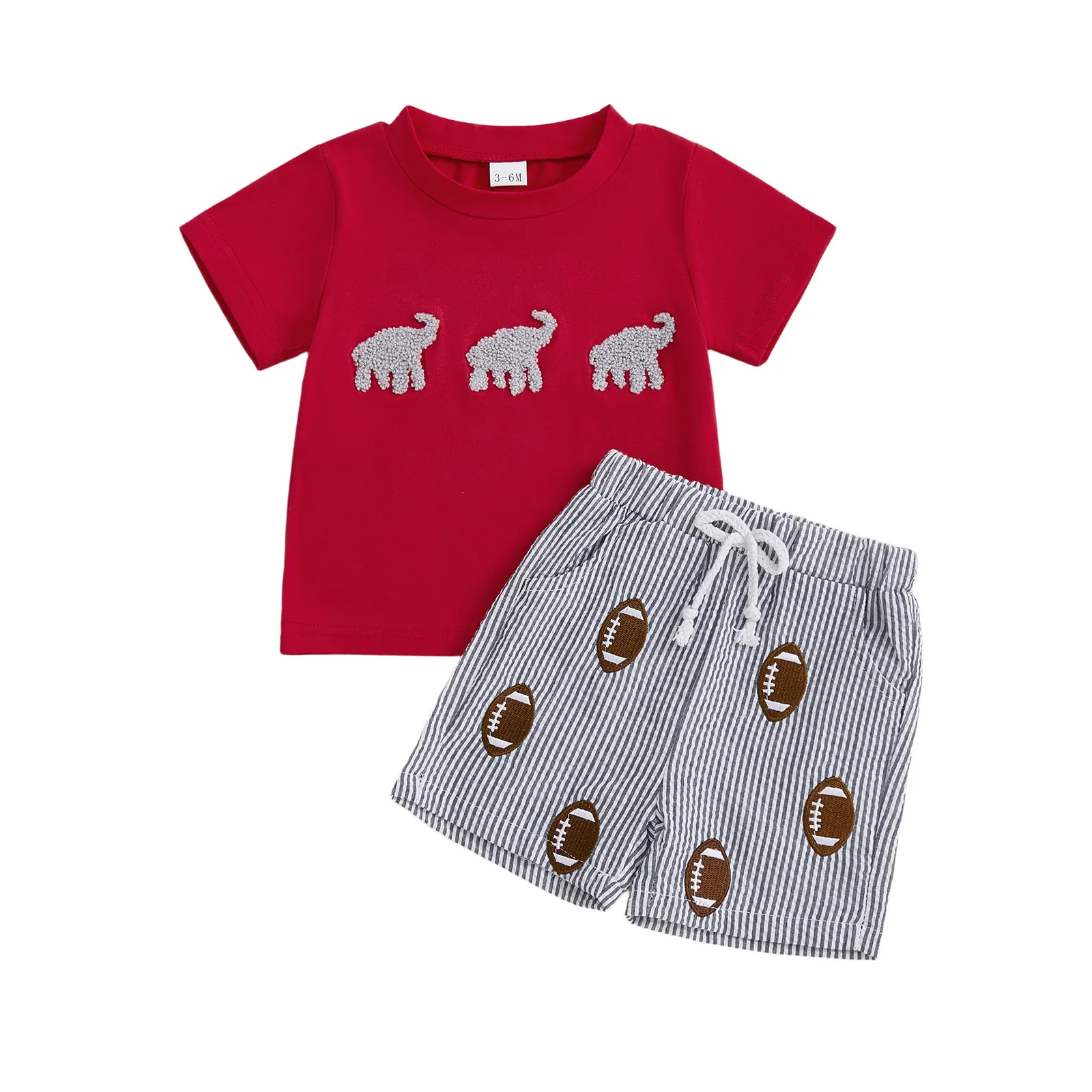 

Baby Boys Summer Outfits Elephant Embroidery Short Sleeves T-Shirt and Elastic Striped Shorts Set