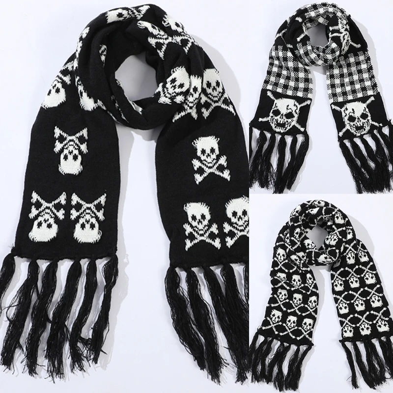 Scarf With Fringes For Men Black And White Stylish Knitted Wool Feel Long Fashion Scarf With Fringes Skull Crossbones