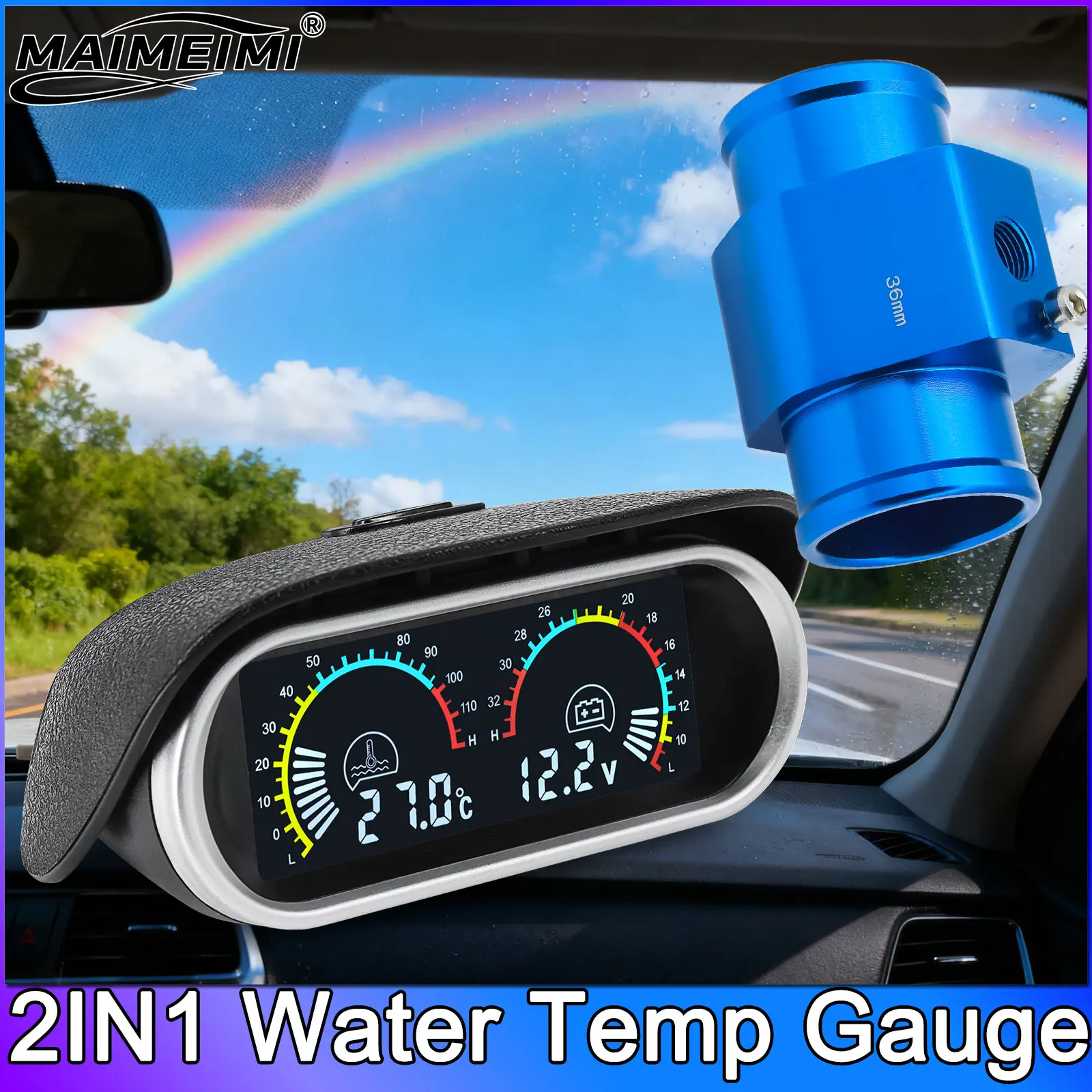 2 in 1 LCD Water Temperature & Voltmeter Gauge Kit with Water Temp Pipe Adapter 26-40mm Optional for Car Truck Auto RV 12V 24V