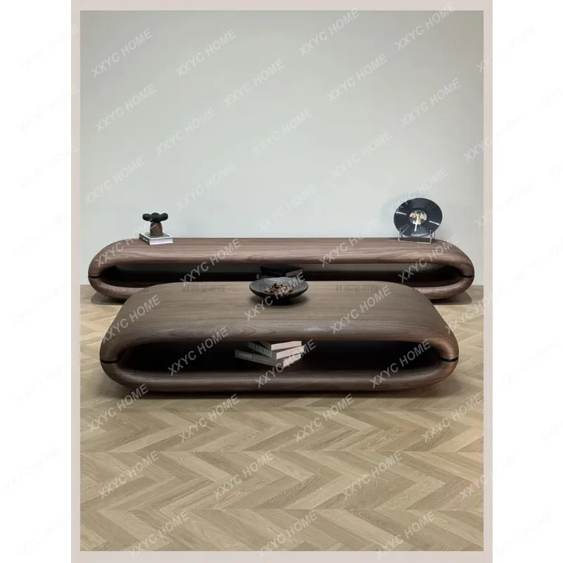 XXDouble Layer Coffee Table Mid Century Style  Black Walnut Veneer Minimalist High End Table