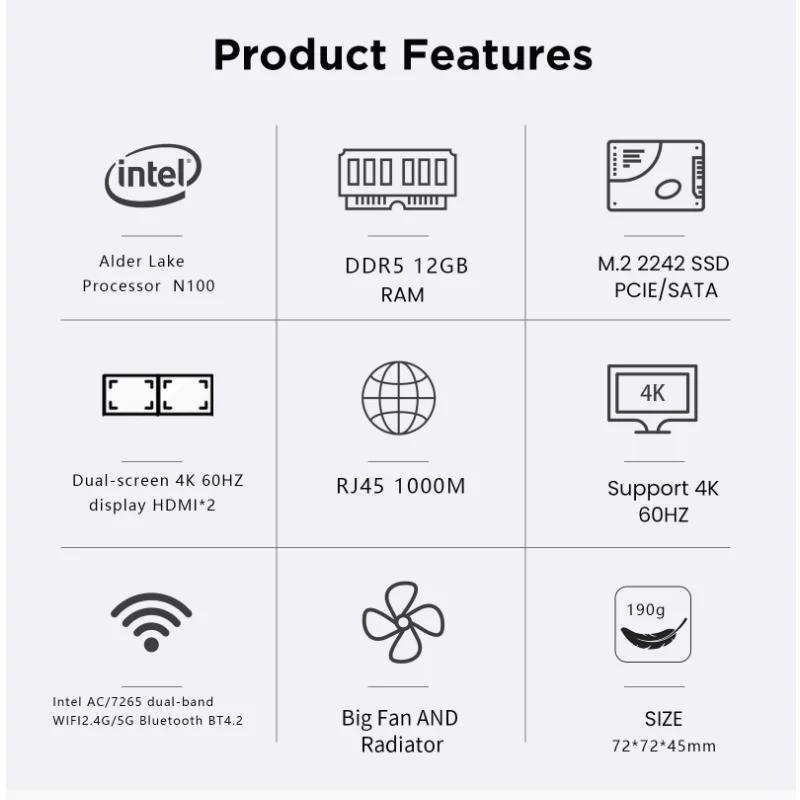 Nuovo JBO1 12a generazione Intel Alder Lake-N100 Quad Core Mini PC Win 11 WIFI5 BT4.2 12GB DDR5 1TB SSD RJ45 1000M 4K HD Pocket Gaming PC