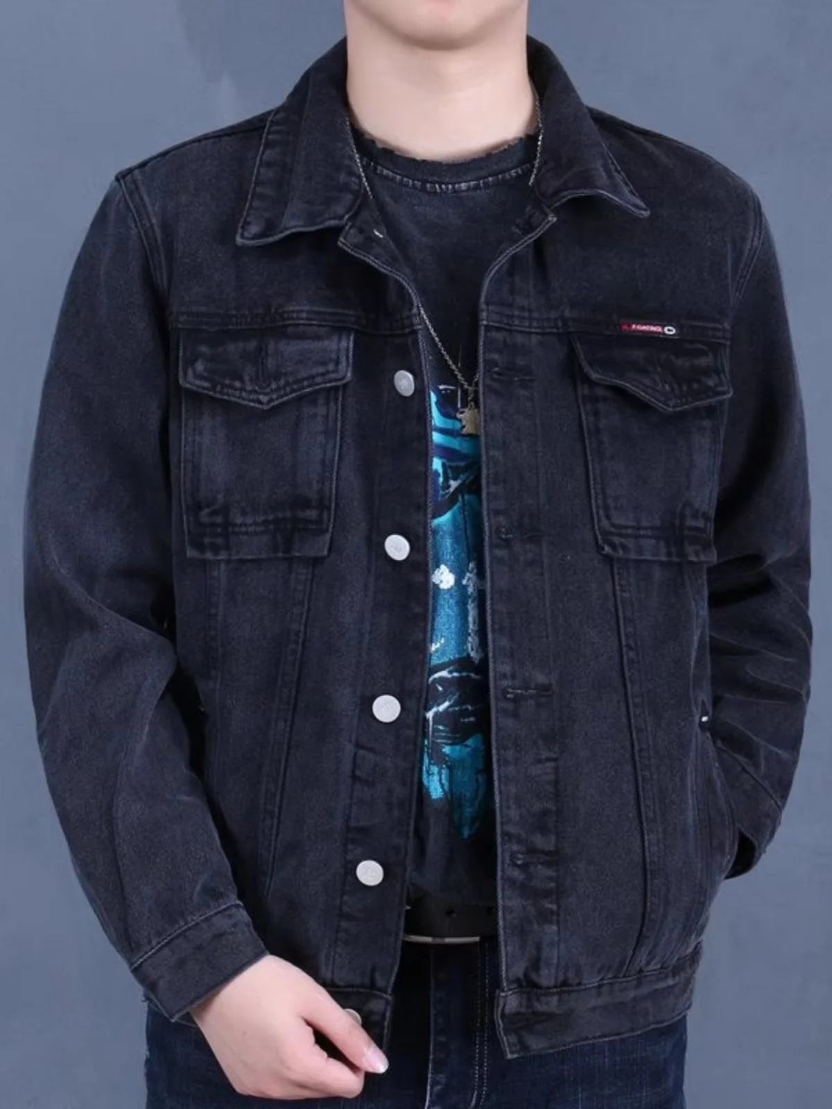 

Spring Autumn Men's Workwear Denim Jaet Korean Sle Retro Embroidery Casual Versatile Jaet Top for Youth And Teens