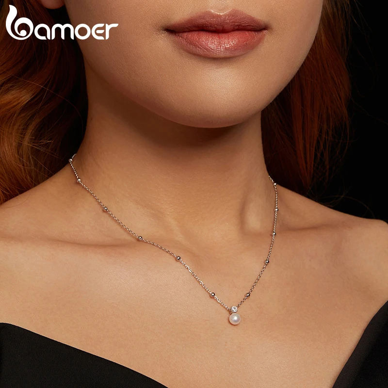 BAMOER Shiny Moissanite Pearl Pendant Necklace For Women Wedding Party 925 Sterling Silver with White Gold Plating Jewelry - Image 2