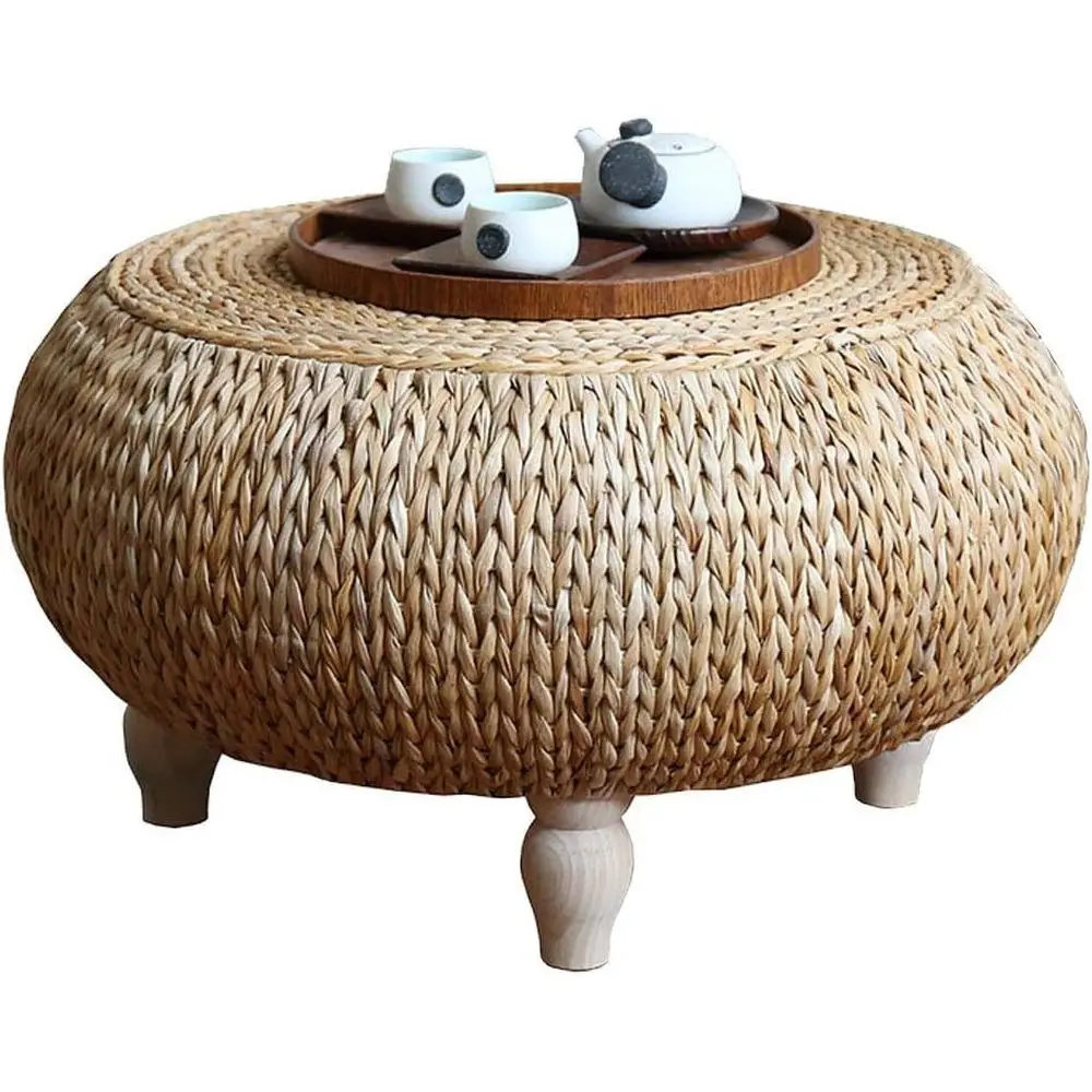 

Rattan Coee Table, Round Solid Wood Home Decoration Low Table, Computer Table, Suitable or Living Room, Balcony, Bay Window (50×