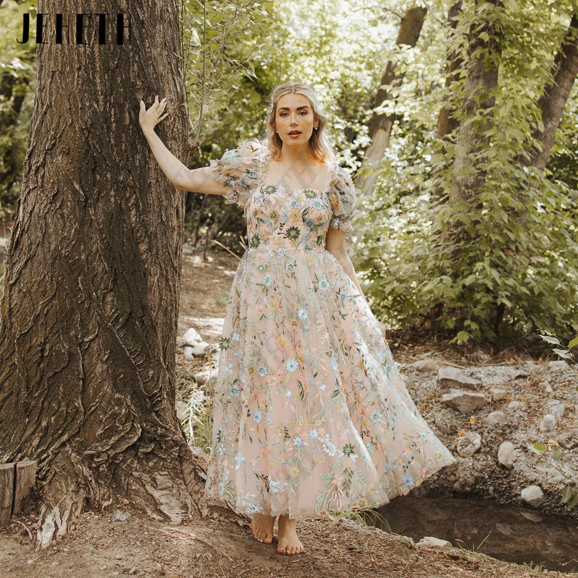 JEHETH Embroidery Lace Evening Party Gowns Square Collar Flowers Corset Prom Dress Puff Sleeve vestidos de ocasião Customized