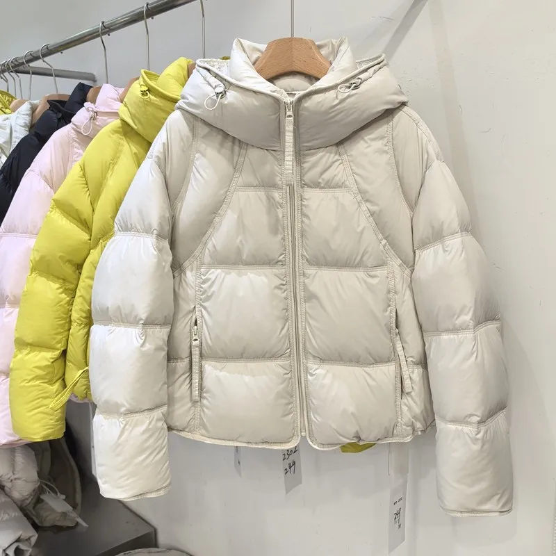 2026 Kurze Weiße Daunenjacke mit Kapuze für Damen, Warme Winterjacke, Kurze Pufferjacke mit Kapuze