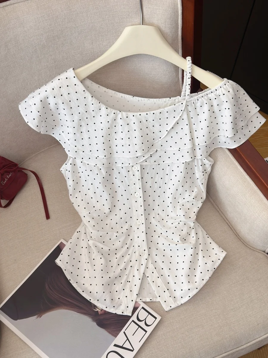 

Korean Style Slim Fit Polka Dot Shirt Women Summer New Side Slit Pleated Sleeveless Top Elegant Casual Commute Fashion