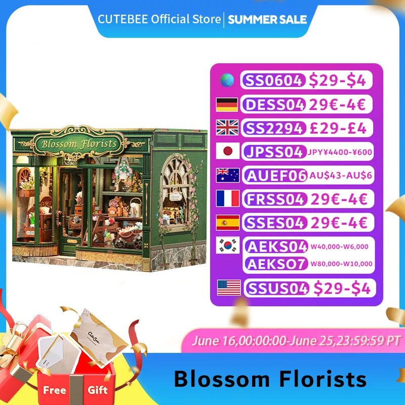 

CUTEBEE Wooden Booknook DIY Dollhouse Miniature Room Kit Bookstore Model Bookshelf Insert Blossom Florists for Gift Ideas