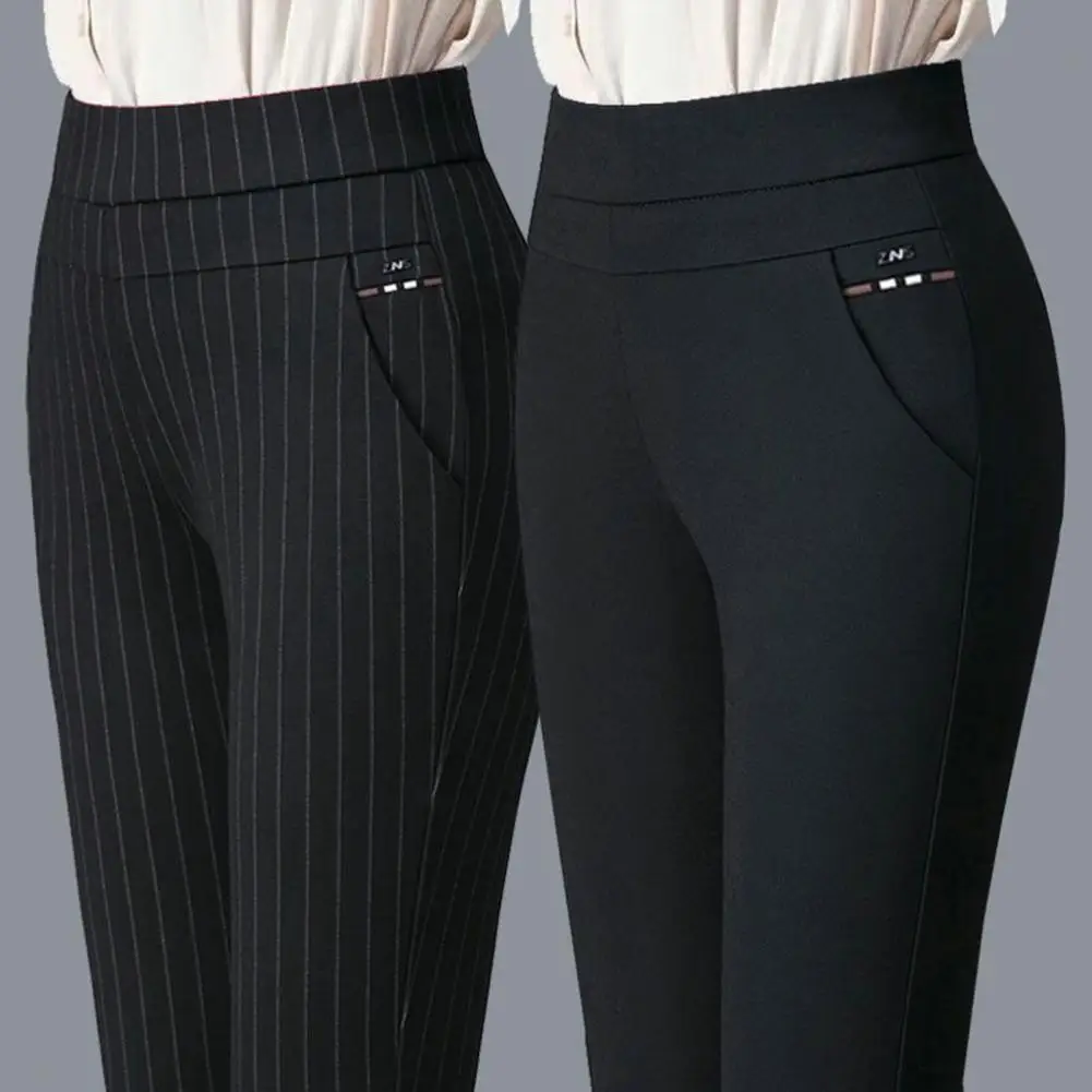 Pantalon de printemps taille haute pour mère, décontracté, poches commandées, solide, haut assressenti, coupe couvertes, pantalon crayon grande