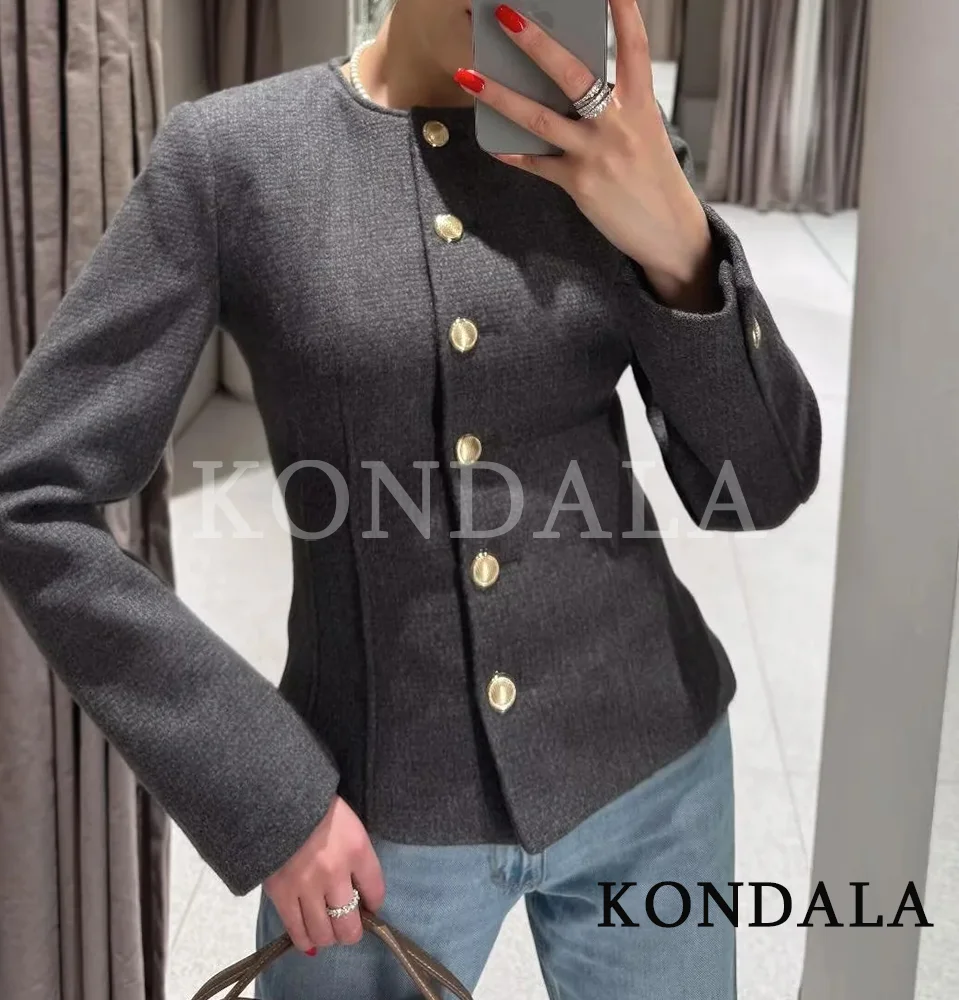 

KONDALA Women High Street Casual Trendy Slim Blazer O-Neck Single Breasted Blazer New Fashion 2026 Spring Holiday Commute Blazer