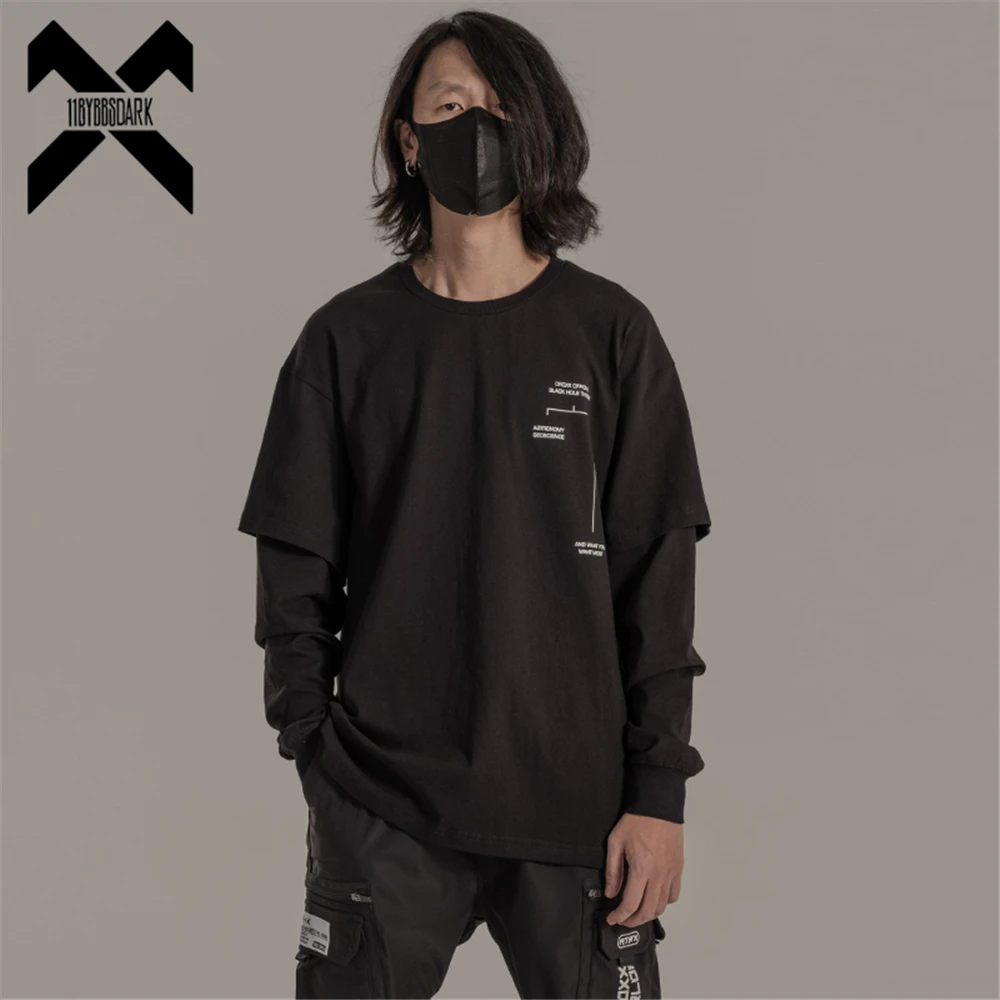 Hip Hop Long Sleeves T-Shirt Mens Japanese Loose Fake Two Pieces T Shirt 2022 Summer  Streetwear Cotton Harajuku Tops WB711