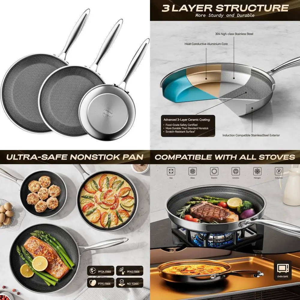 

Hybrid Nonstick Frying Pan Set - 3 Piece Stainless Steel Cookware with Stay-Cool Handles, Dishwasher Safe, Suitable for All Cook