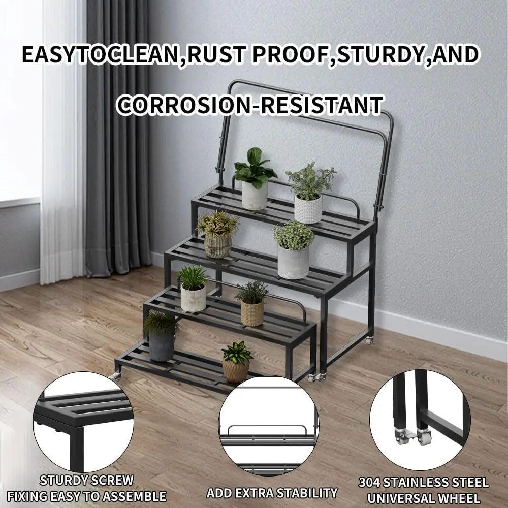 Metal Plant Stand for Outdoor Indoor, 4-Tier Aluminum Plant Stands, Multiple Plants Shelf with Universal Wheel,New Popularity