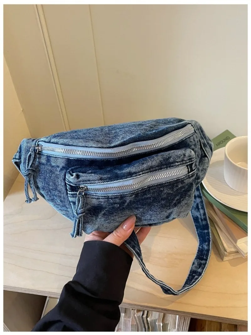 Damen Vintage Washed Denim Tasche mit Mehreren Taschen, Verstellbarer Riemen Crossbody Gürteltasche für Tägliche Aufgaben und Outdoor-Aktivitäten – Detail 26