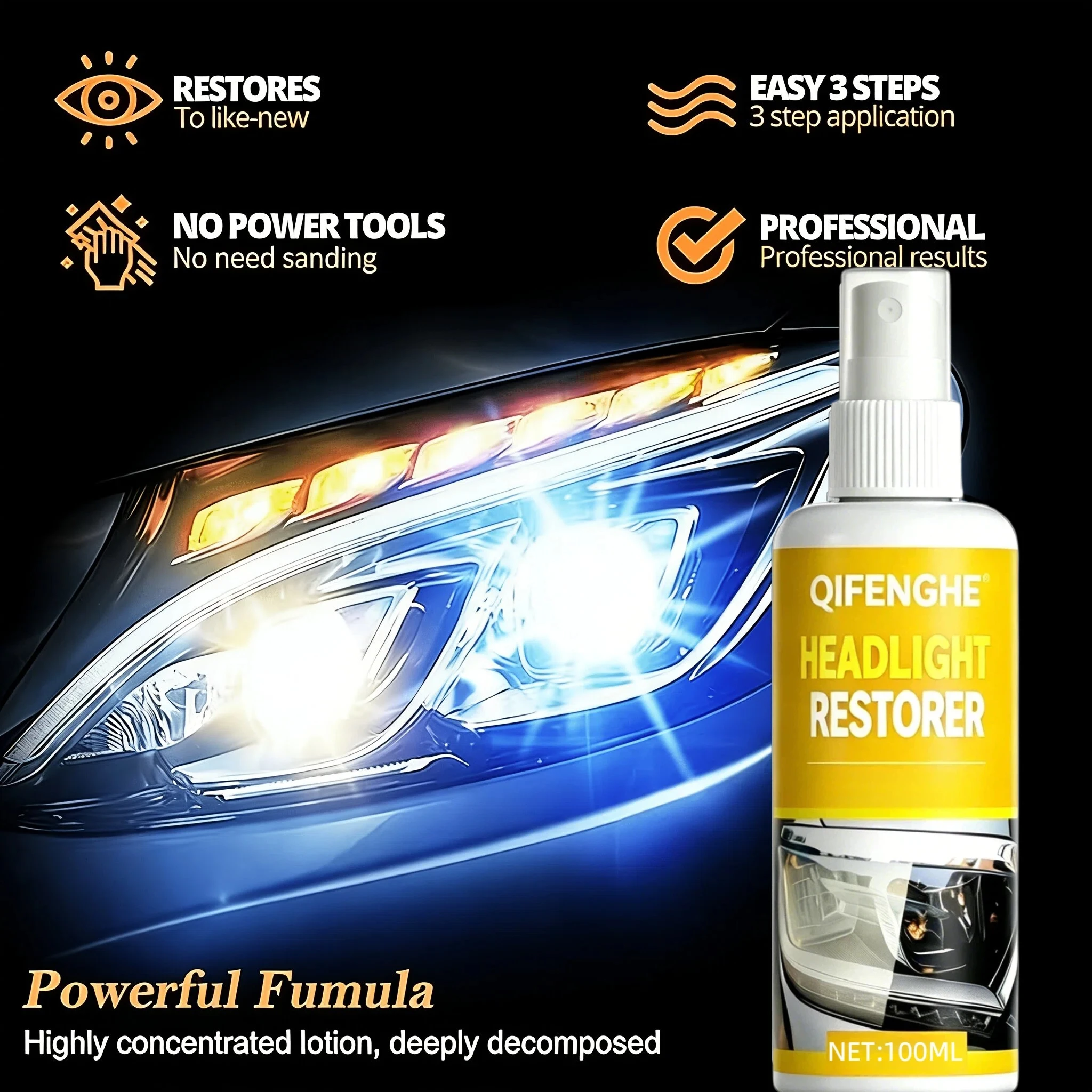 QIFENGHE Headlight Restorer Spray 100ml, No Sanding Car Headlight Yellow Oxidation Remover Restore Foggy Headlights to Clear Bri