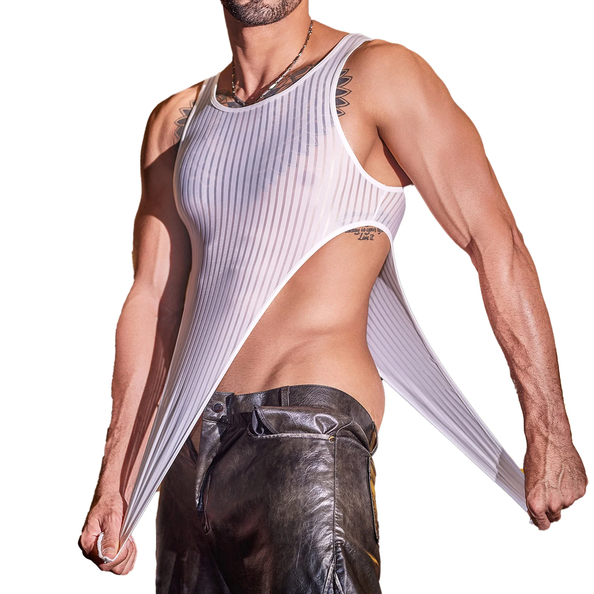 Men Hidden Button Open Crotch Rompers Breathable High Cut Bodysuits Transparent Mesh Stripe Stretch Leotard One-pieces Underwear