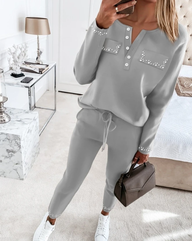 Elegant Womens Two Piece Sets Outfit Round Neck Beaded Top & Drawstring Pants Set 2023 Autumn Winter Spring New Fashion Casual