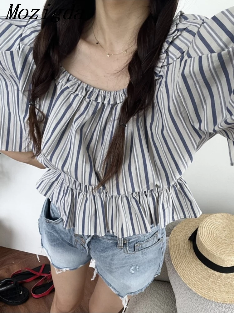 

Women's Shirt Slash Neck Off Shoulder Short Puff Sleeve Striped Elastic Waist Blouse Summer New Fashion