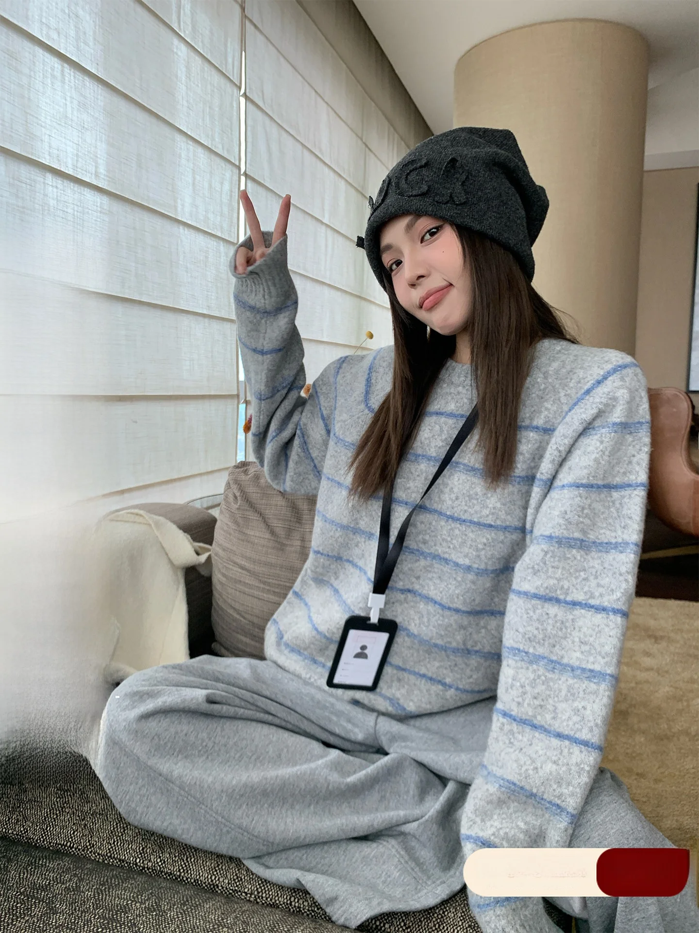 

Loose Casual round Ne Pullover Sweater Women's Inner Wear Base irt Knitted Top Blue ey Stripes Commute Sle Autumn Winter
