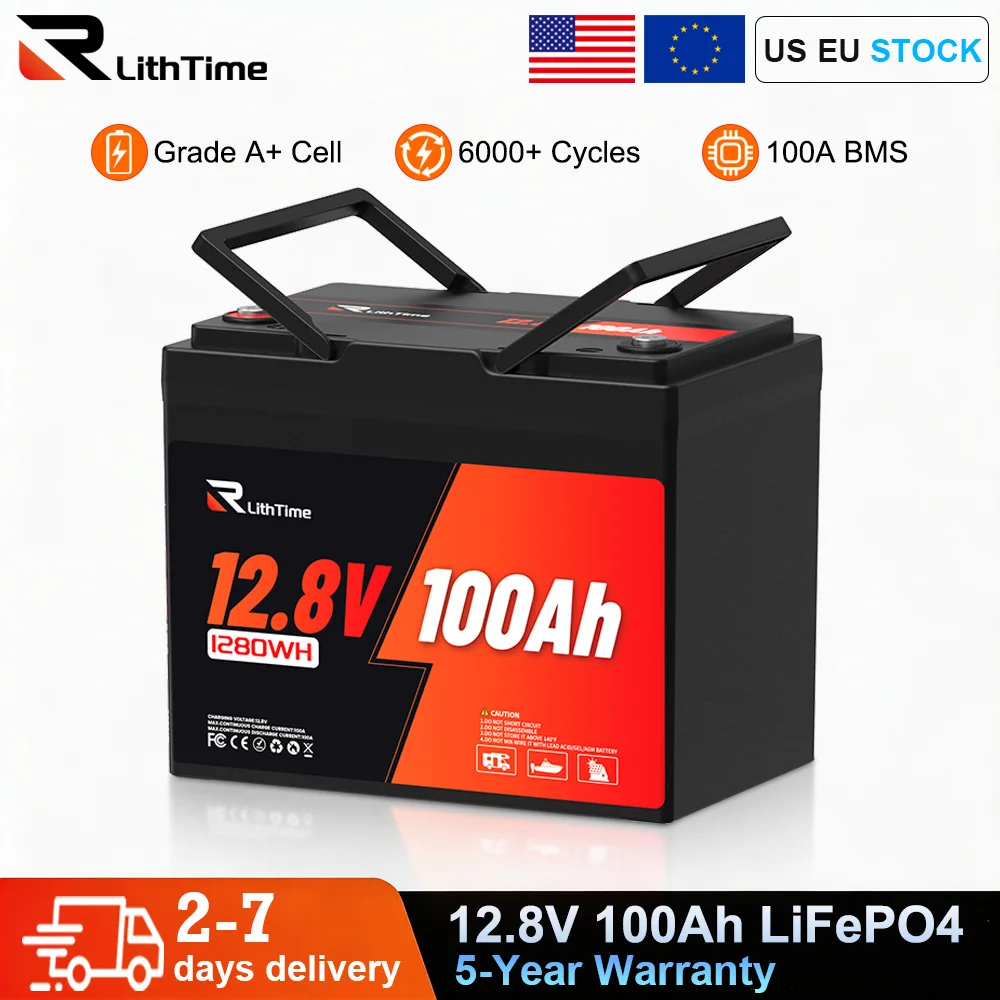 RVLithTime 12V 100Ah LiFePO4 Lithium Battery Built-in 100A BMS With Temperature Protection 6000+ Cycles IP65 Waterproof BCI Group 24 Battery Pack For RV/ Vans/ Trolling Motor/ Marine
