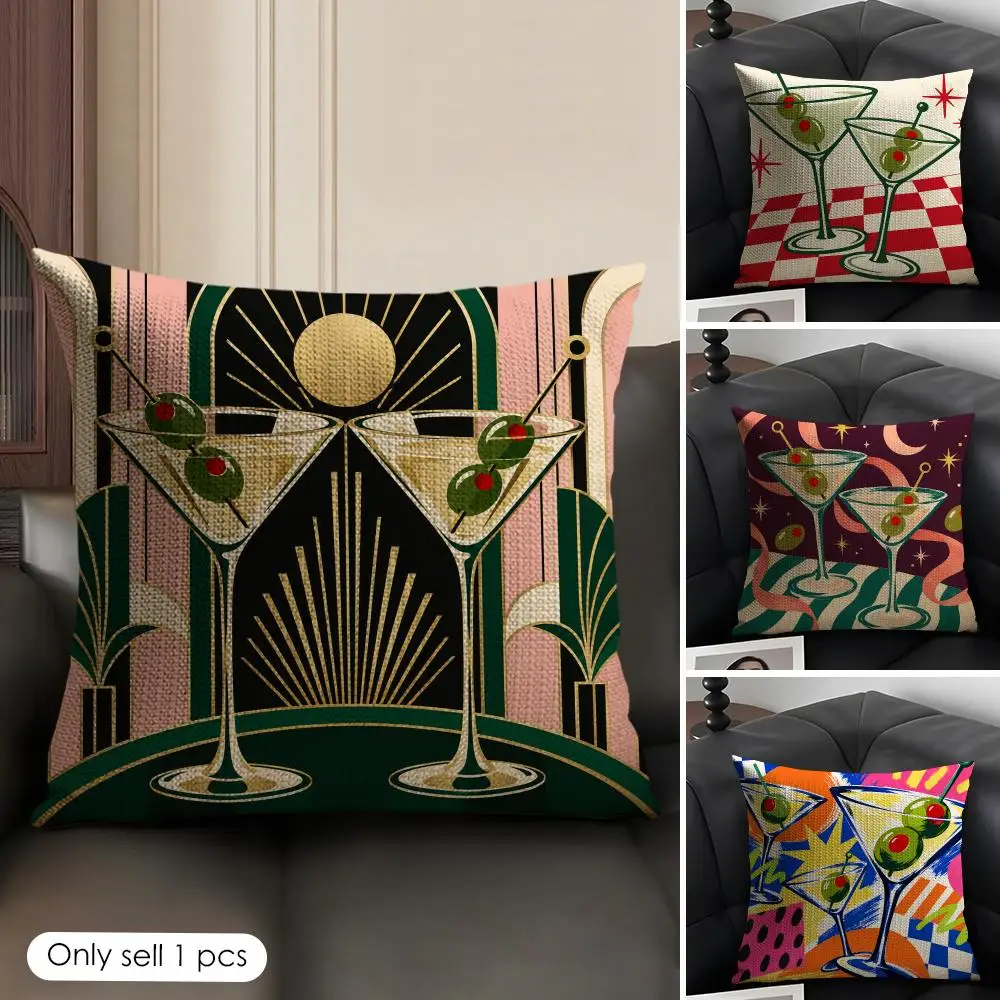 Martini Cocktail Retro Checkerboard Cushion Cover Skin-Friendly Organic Linen Pillow Cover Durable Hypoallergenic Washable Soft