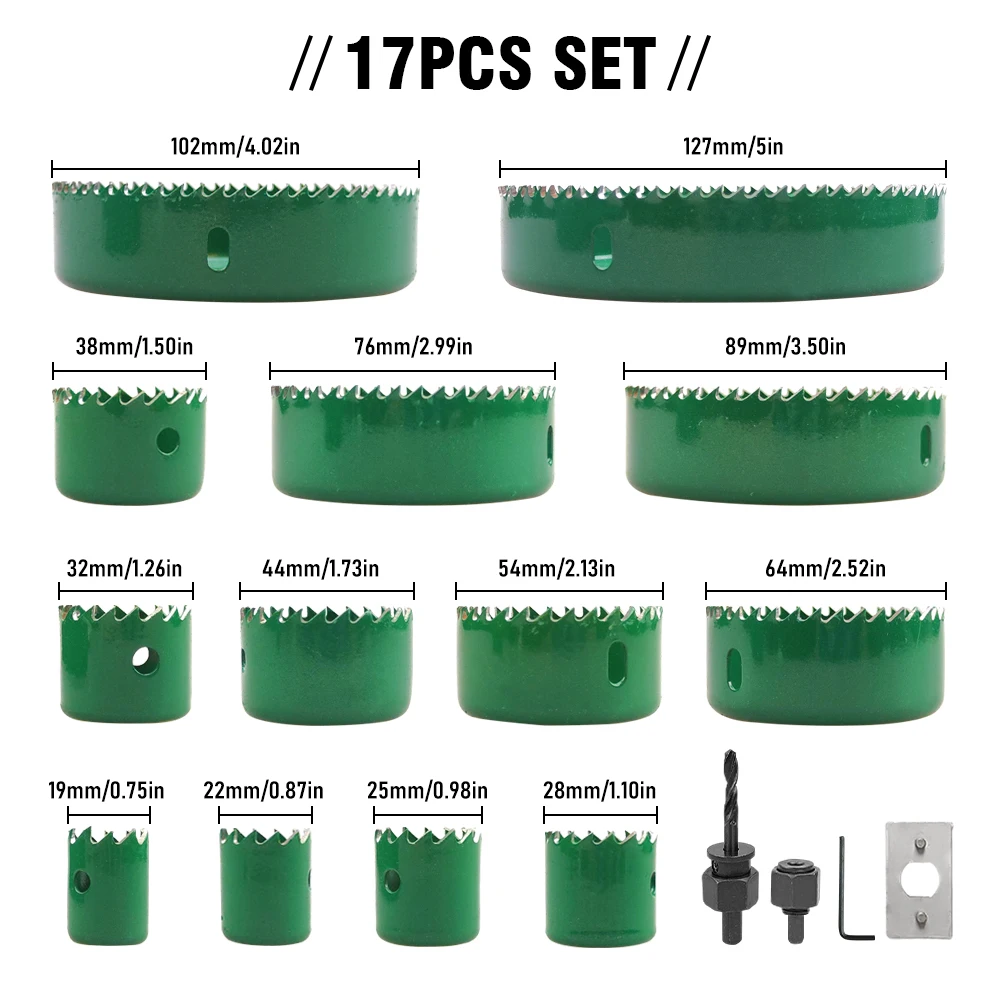 Complete 19-127mm Wood Hole Saw Set, Round Bi-Metal Hole Cutter Drill Bits for Drilling Wood, Gypsum Board, PVC Plastic and MDF