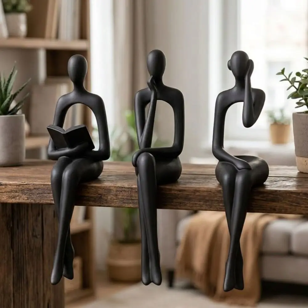 3Pcs Minimalist Abstract Sitting Human Sculpture Set Long Leg Handmade Thinking Figurine Edge Sitter Decor Plastic 3D Printed