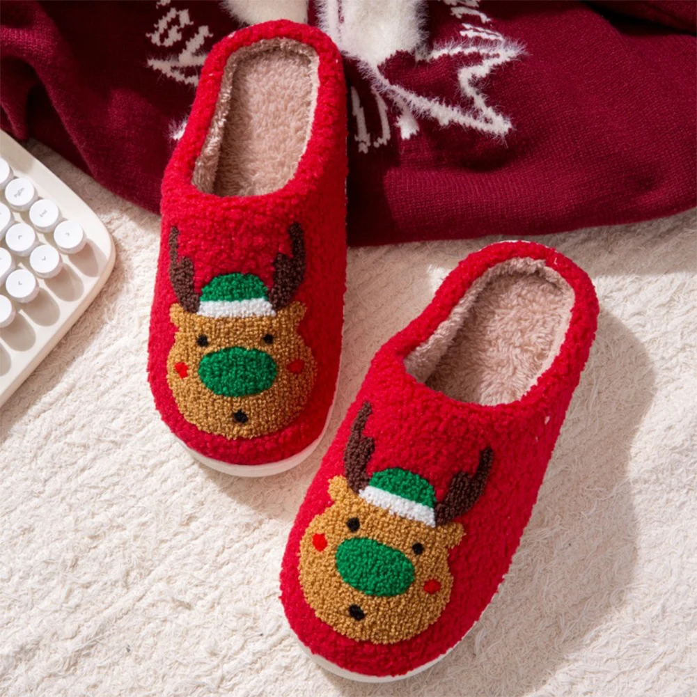 Christmas Elk Plush Slippers Comfortable Warm Slip-on House Shoes Flat Thermal Slippers Furry Reindeer Slipper for Autumn Winter