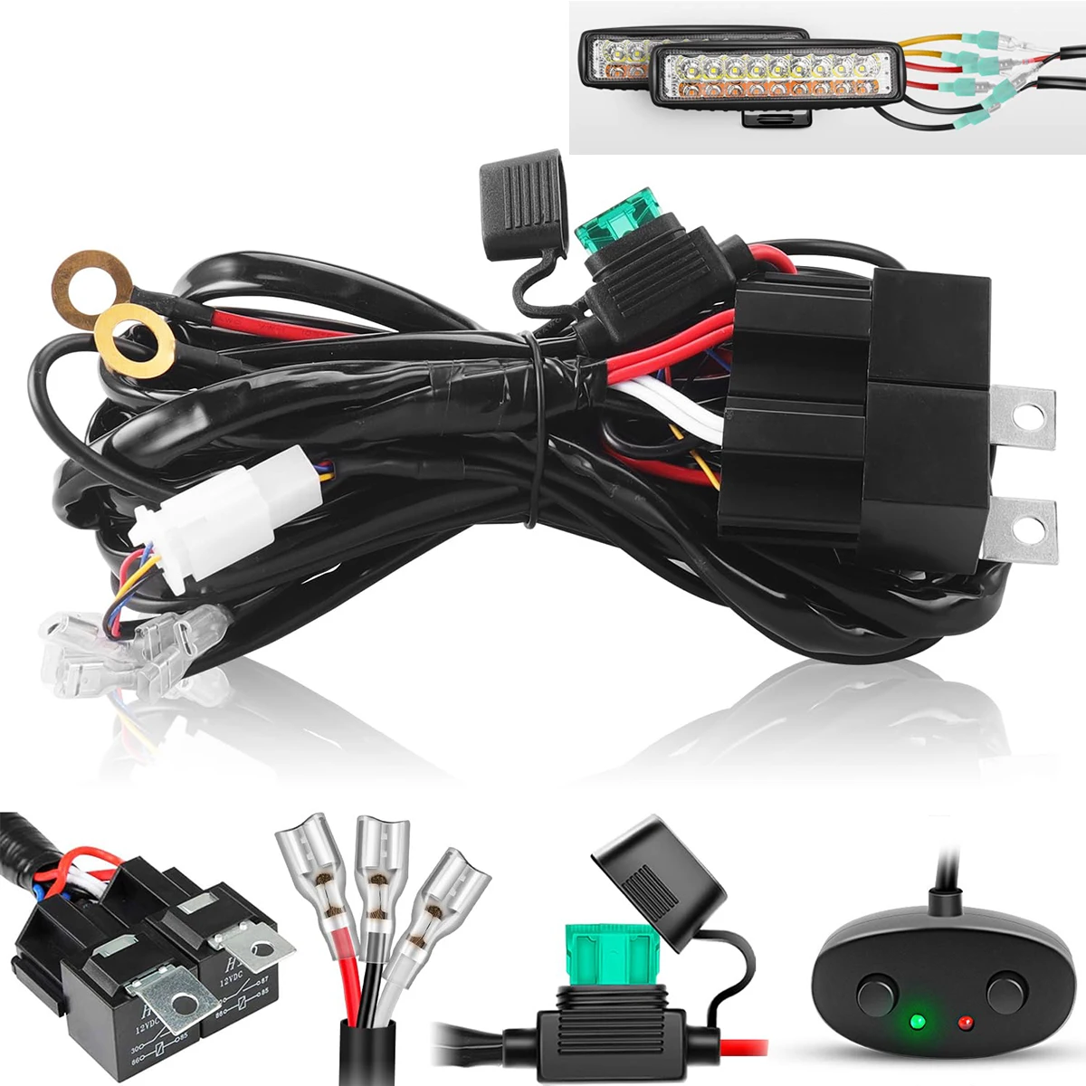 Kit de cablagem de barra de luz de cor dupla branca âmbar 16AWG com relé 12V 15A interruptor de botão de pressão de fusível de lâmina em linha