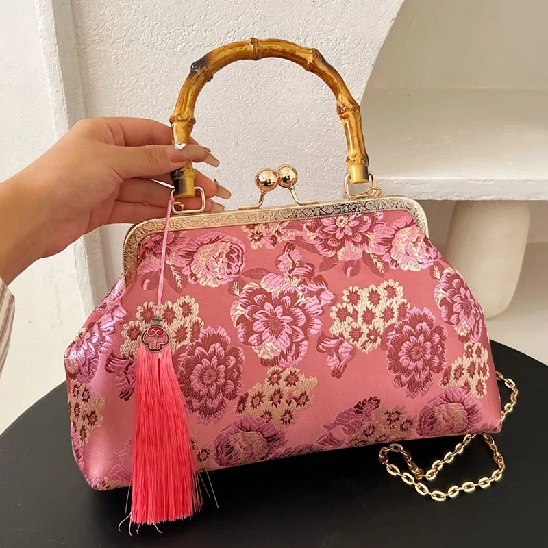 Vintage Women Gray Tassel Lock Shell Clip Chain Crossbody Bags Handmade Pink Handbags And Purses Designer Flower Shoulder Bags