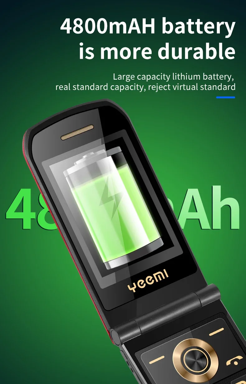 YeeMI K21+ 4G Flip Phone for Elderly Big Button Long Battery 2.6 Inch Screen 4800mAh Dual SIM Dual Screen Feature Phones Durable