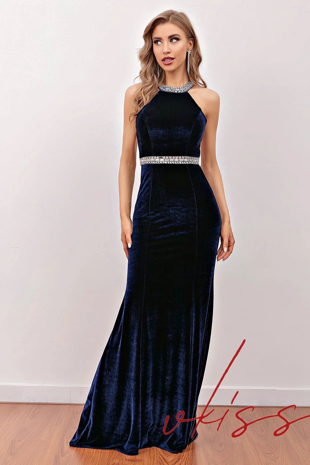 2022 Mermaid Navy กำมะหยี่ Beadings Crtstals ชุดราตรี Elegant Jewel คอเปิดกลับ Sash กวาดรถไฟ Gowns พรหม