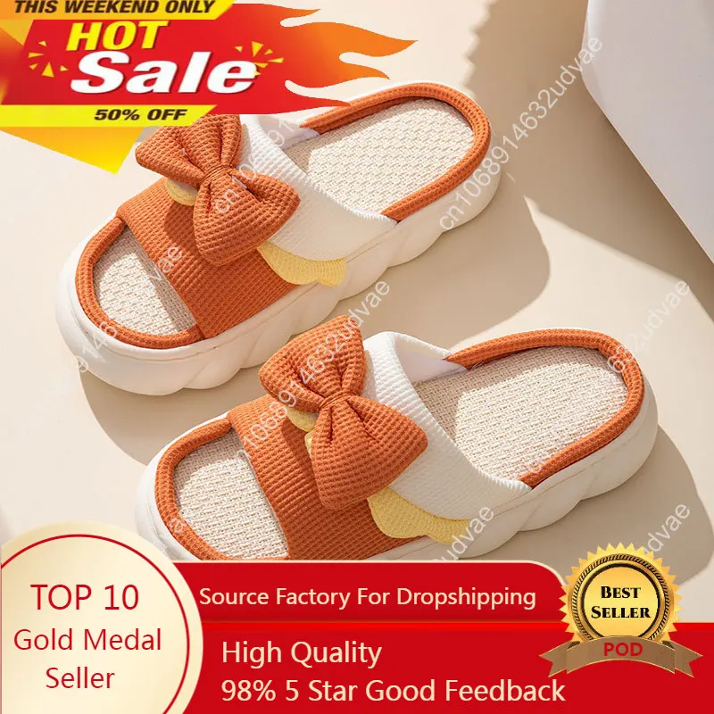 2023 Women Slippers Summer Four Seasons Indoor Home Sandals and Slippers Cute Cartoon Thick bottom linen House Slippers Shoes