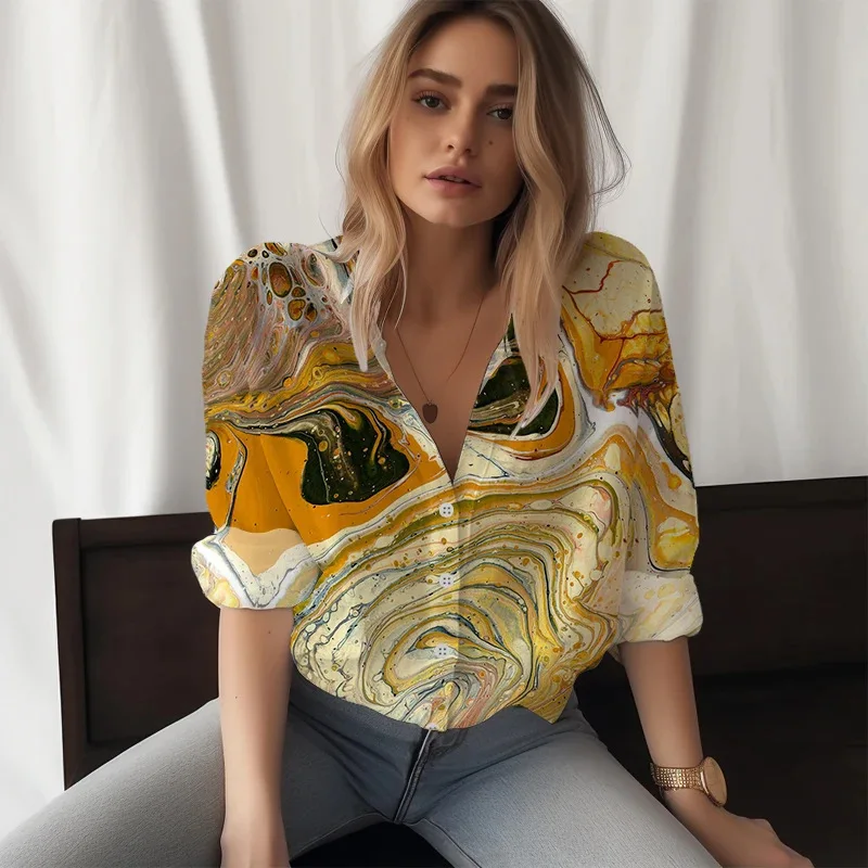 Fashionable New Women's Shirt Painting Auspicious Cloud 3D Digital Printing Blouse Casual Style Popular Long Sleeved Blouse 2024