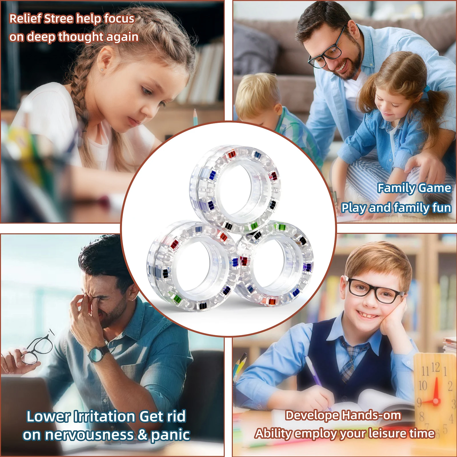 Anneau magnétique Transparent lumineux pour soulager le Stress, jouet Anti-anxiété, 3 pièces, anneaux rotatifs pour adultes et enfants