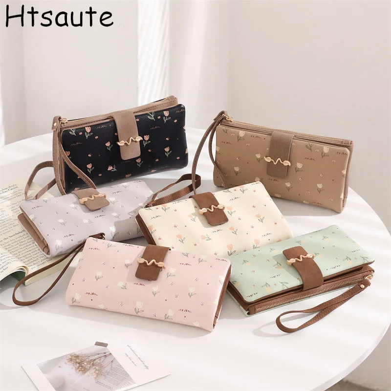 Flower Printed PULeather Wallet Large Capacity Clutch Zippered Card Holder & Photo Compartment, Color blocking Hasp
