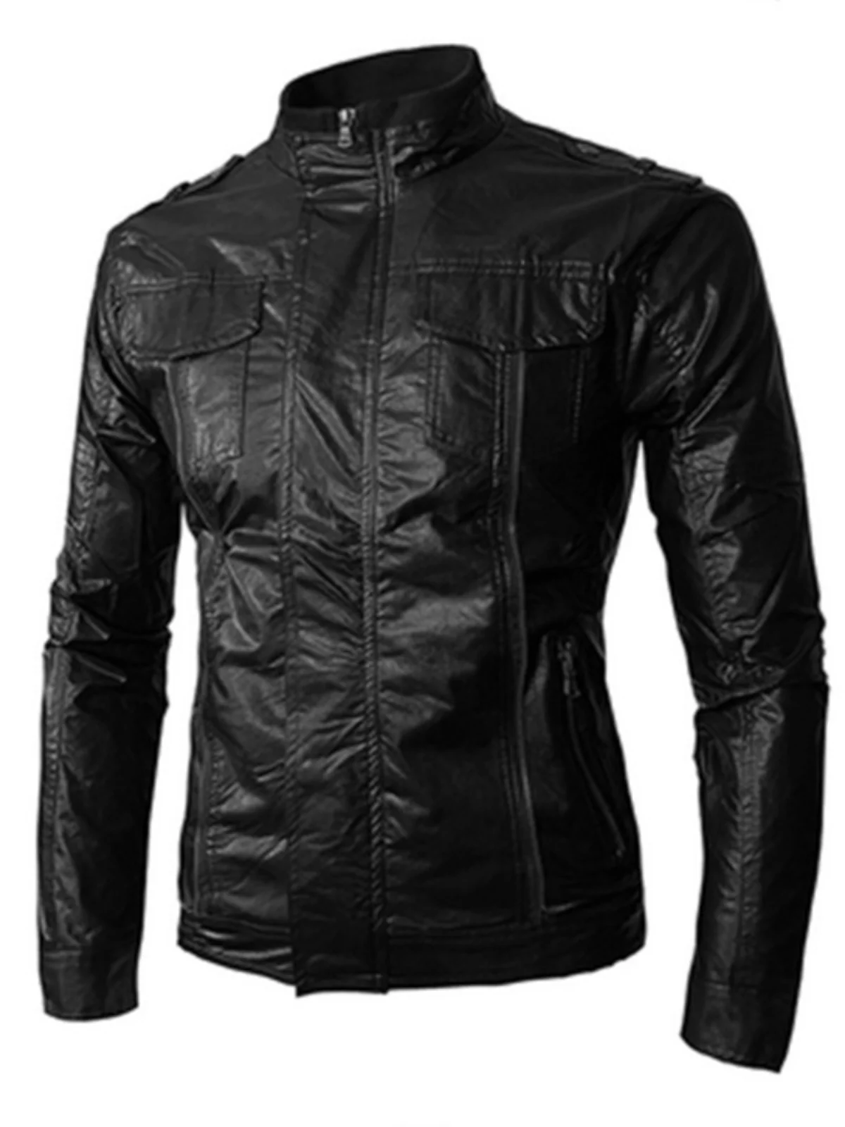 

Autumn Winter Men's Faion Motorcycle Jaet Youth Sle Long Sve Zipper ket Loose Fit ort Length Stand Collar Coat