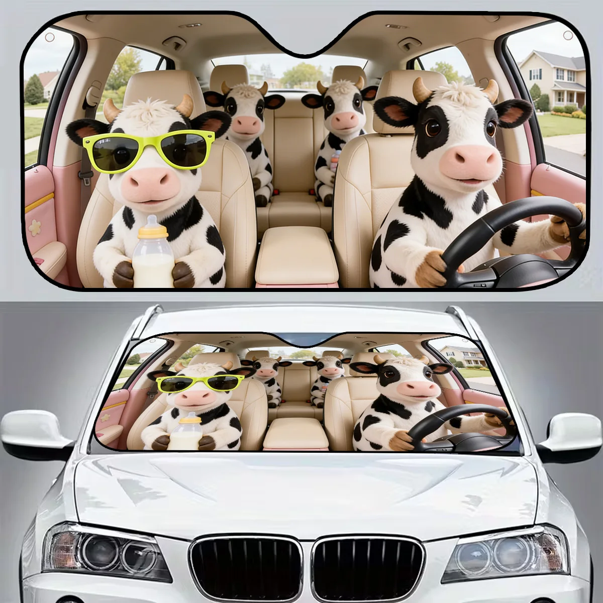 1pc, Cow-shaped Car Sunshade, Foldable for Easy Storage, Protective Sunshade to Keep Car Cool, Convenient Suction