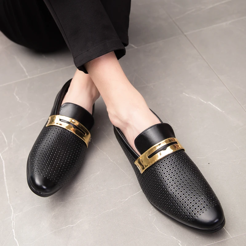 New Brand Low Heeled Loafers High Quality Leather Men Casual Shoes White Black Hollow Sharp Pointed Adult Wedding Business Shoes