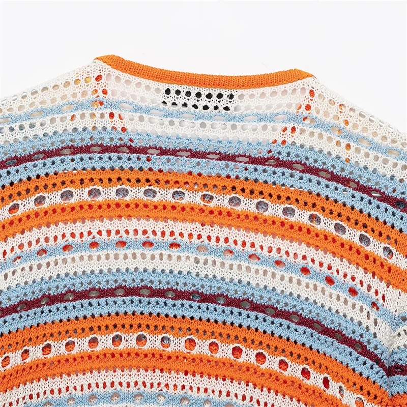 KEYANKETIAN 2026 Bohemian Multi Color Stripe Knit Cover Up Hollow Mesh Round Neck Flare Sleeve Scallop Edge Short Cardigan Top