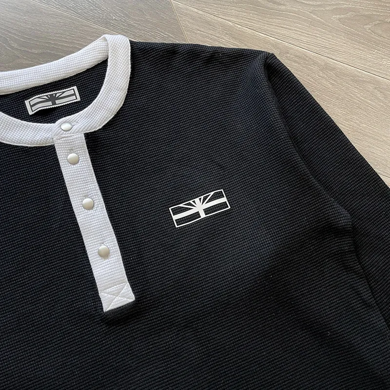 Henry Collar Waffle Splice Color Vertabrae Long Sleeve T Shirt Men Women High Quality Loose Sunscreen Black White T-shirts Tops