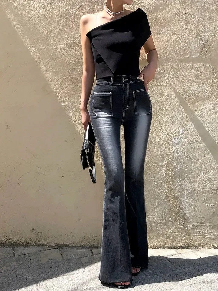 

High Waist Slim Fit Jeans Women's Spring Autumn Cotton Stretch Denim Bootcut Pants Korean Sle with Hip Pad Bell Bot