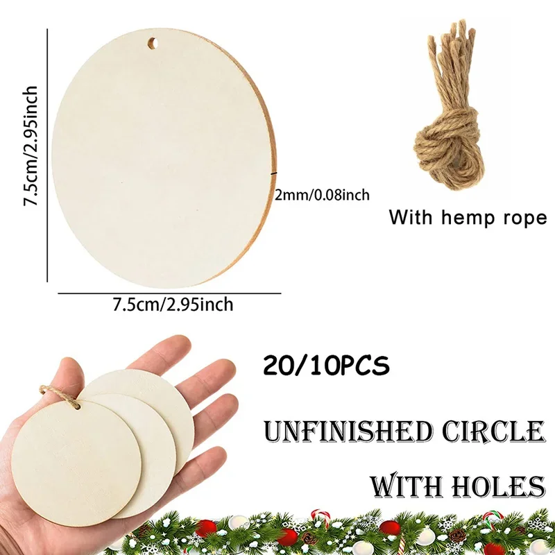 10/20PCS 7.5CM Unfinished Rounds Wood Circles with Holes Wooden Tags Round Wood Slices Wood Discs DIY Crafts Christmas Ornaments