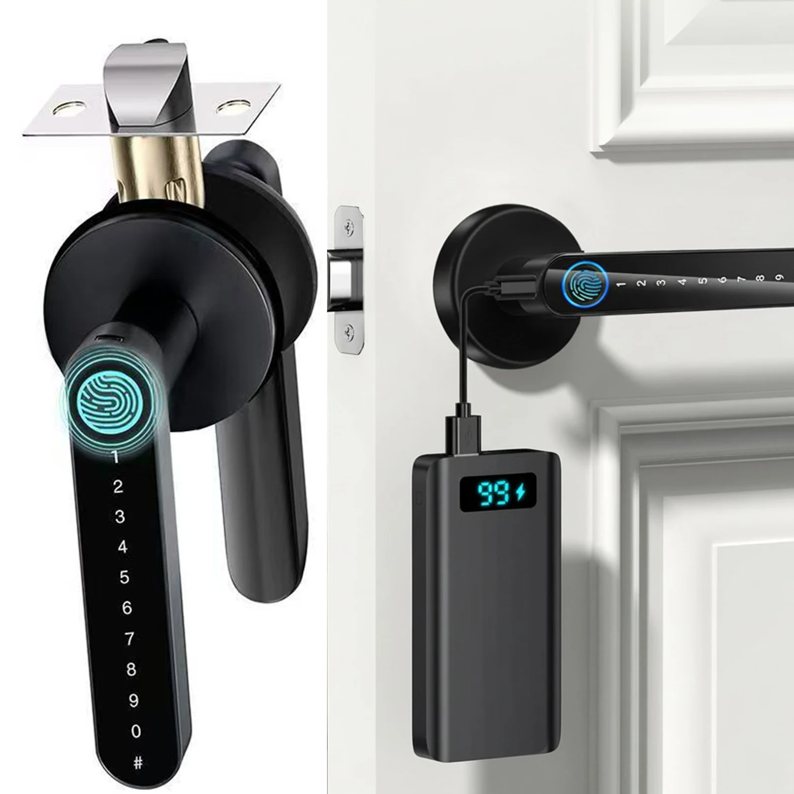 

Биометрическая дверная ручка с функцией распознавания отпечатков пальцев, управлением через приложение, ключом и IC-картой для спальни, дома, отеля, офиса, квартиры