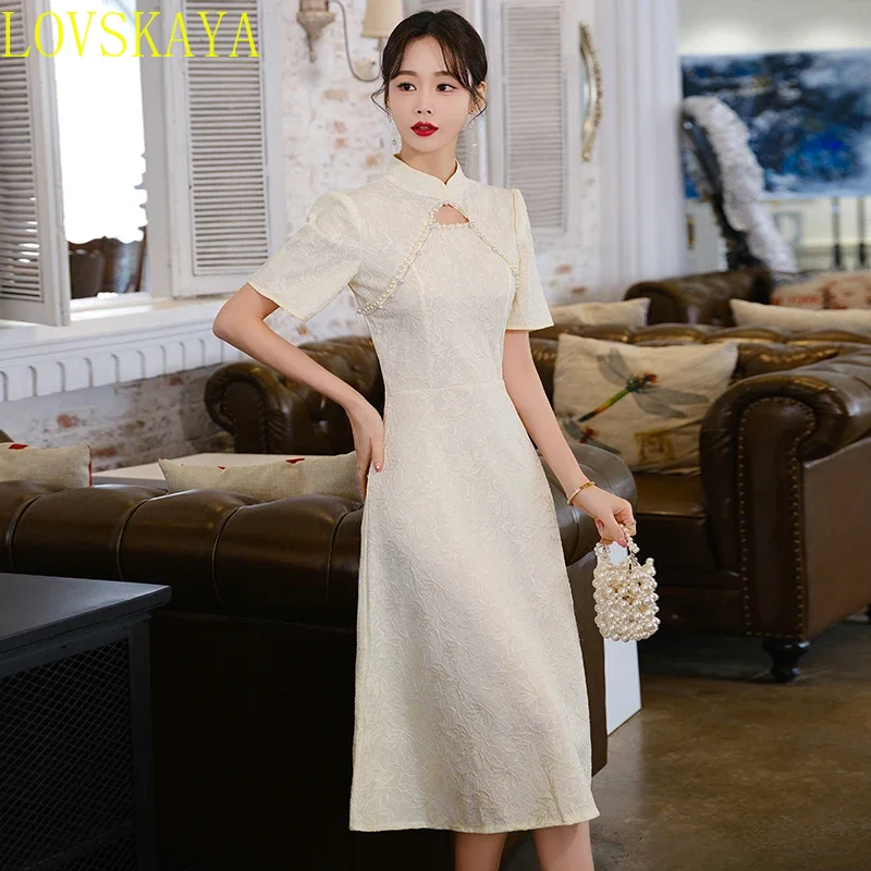 Summer New Retro Short Sleeve Wedding Lace Cheongsam Chinese Traditional Modern Women Qipao Dress