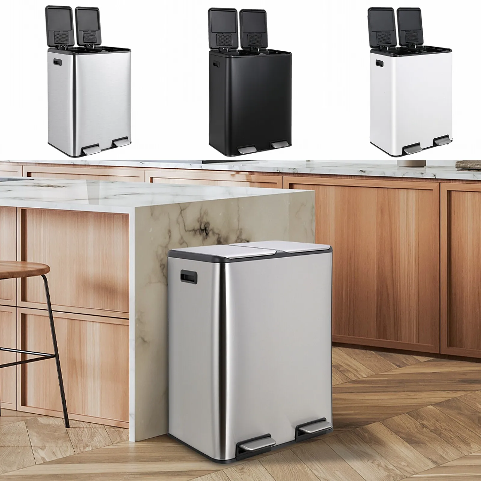 60L/16 Gal Dual Trash Can Stainless Steel Step Garbage Can w/Built-in Filter Box Kitchen Garbage Bin Recycle Waste Dustbin